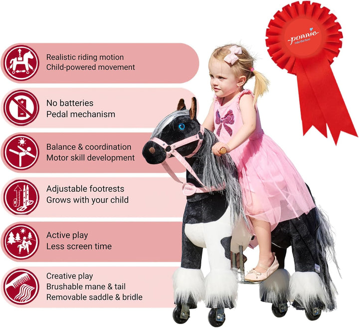 PONNIE Reitpferd mit Rollen Domino S (3-6 Jahre), Spielpferd zum Reiten mit Abnehmbarer Rosa Sattel