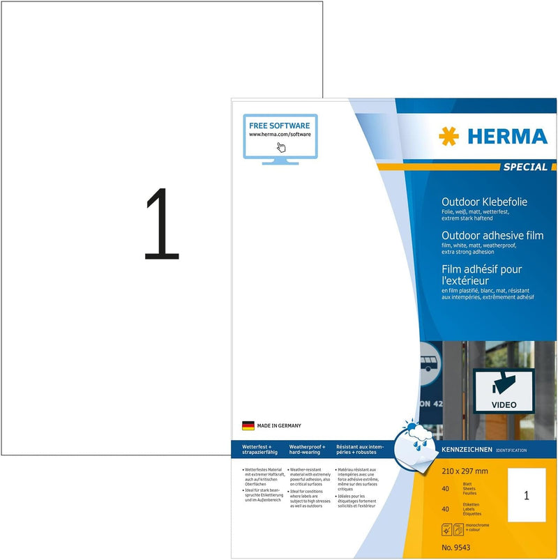 HERMA 9543 Wetterfeste Folienetiketten, 40 Blatt, 210 x 297 mm, 1 Stück pro A4 Bogen, 40 Aufkleber,