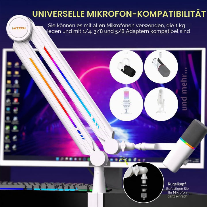 IXTECH RGB Mic Boom Arm High Profile, Overhead Boom Arm Mikrofonständer Schreibtischhalterung, verst