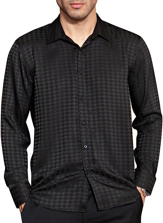 HISDERN Herren Paisley Hemd Langarm Satin Blumen Muster Hemd für Männer Jacquard Stickerei Freizeith
