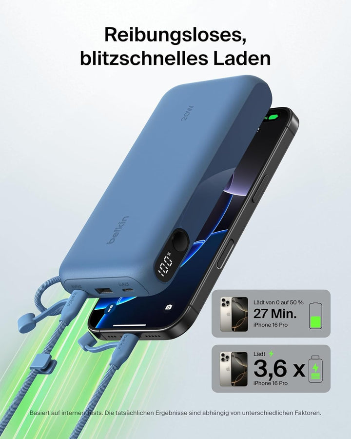 Belkin BoostCharge 20000mAh Power Bank, Digitale Akkuanzeige – Blau | 20K Powerbank, 2 USB-C, 1 USB-
