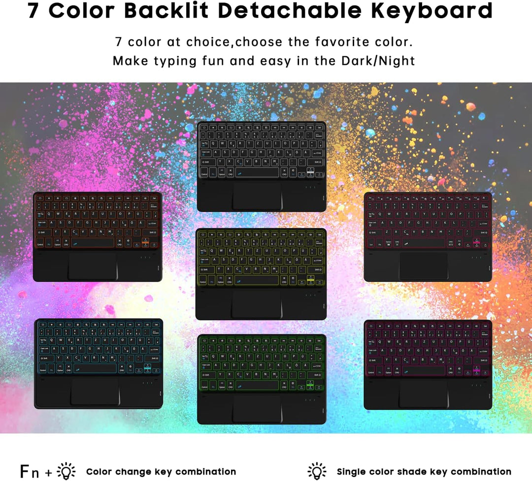 ROOFEI iPad 10. Generation Hülle mit Tastatur QWERTZ - 7 Farbige Hintergrundbeleuchtete Multi-Touch-