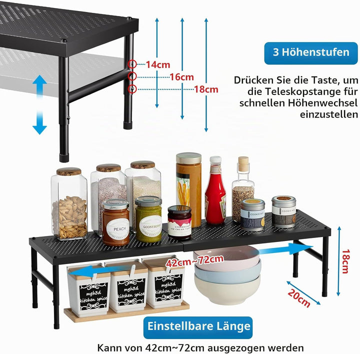 HI NINGER 2er Set 42–72 cm Erweiterbares Schrankregal, Küchen Organizer Verstellbar &amp; Stapelbar, Gew
