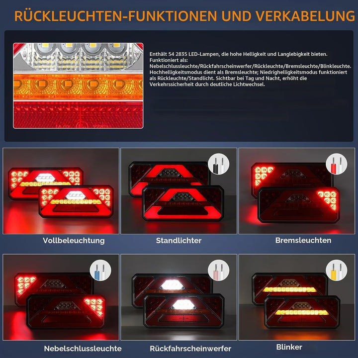 2 Stück LED Anhänger Rücklicht, 12V 24V Rückleuchten, IP67 Wasserdicht mit Fahr, Brems, Lenk, Rückfa