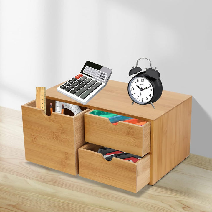 Natur Schreibtisch Organizer, Ablage Büroorganizer mit 3 Schubladen für Büroutensilien, Bambus Schub