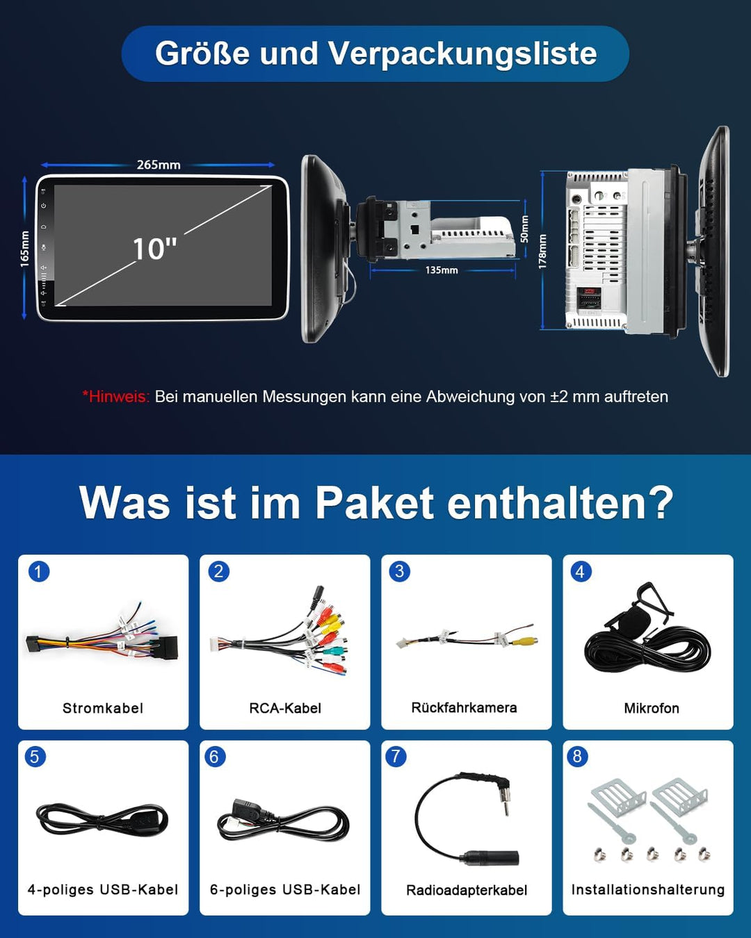 Autoradio 1Din mit 10 Zoll Bildschirm, 1 DIN Car Radio mit Wireless Apple CarPlay & Android Auto, Bl