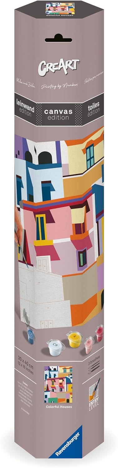 Ravensburger CreArt 25527 - Farbenfrohe Häuser - Malen nach Zahlen Erwachsene, DIY Malset mit Pinsel