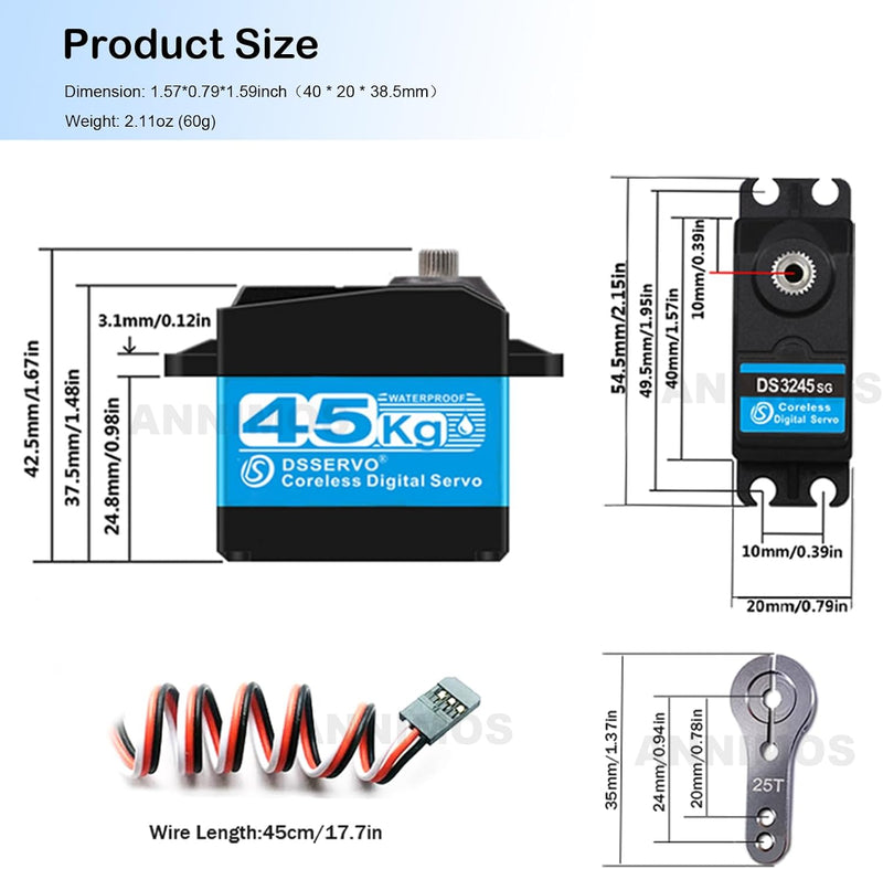 ANNIMOS 45KG RC Lenkung Servo 8.4V Kernlos Digitaler Motor Edelstahl Getriebe Hohes Drehmoment Wasse