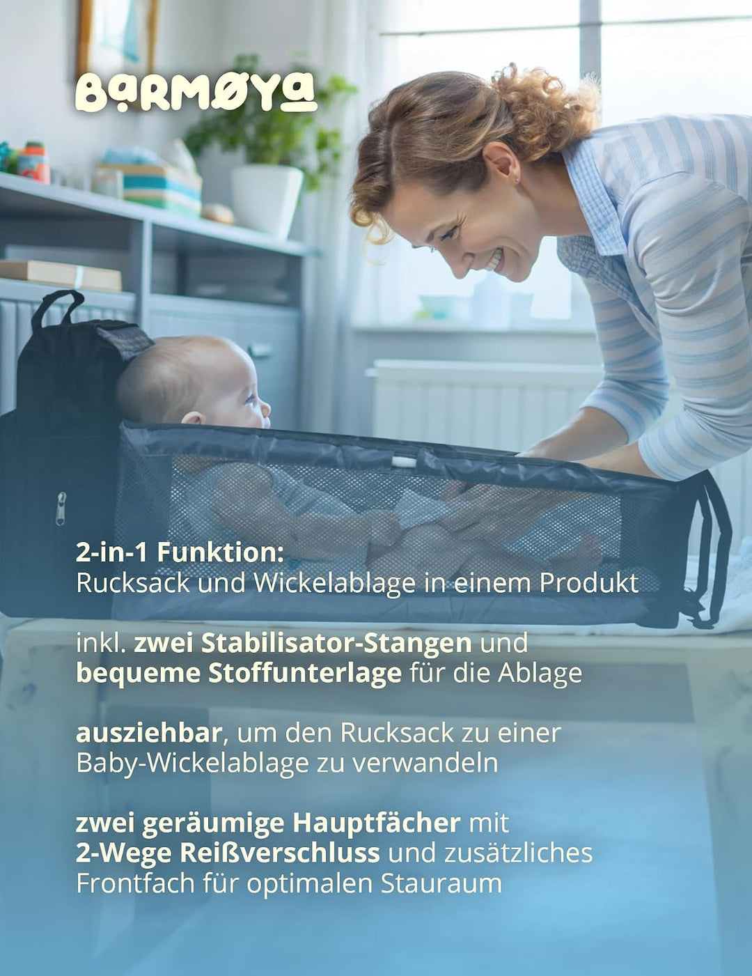 Barmøya 2-in-1 Wickelrucksack mit Wickelablage | Wasserabweisender Wickelrucksack mit isolierten Fla