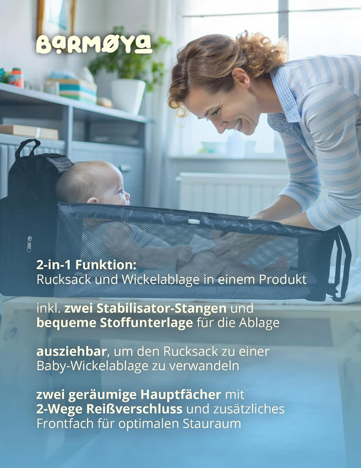 Barmøya 2-in-1 Wickelrucksack mit Wickelablage | Wasserabweisender Wickelrucksack mit isolierten Fla