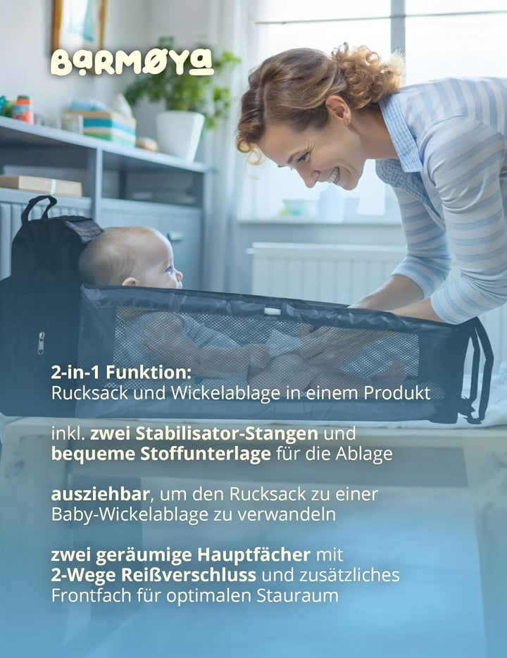 Barmøya 2-in-1 Wickelrucksack mit Wickelablage | Wasserabweisender Wickelrucksack mit isolierten Fla