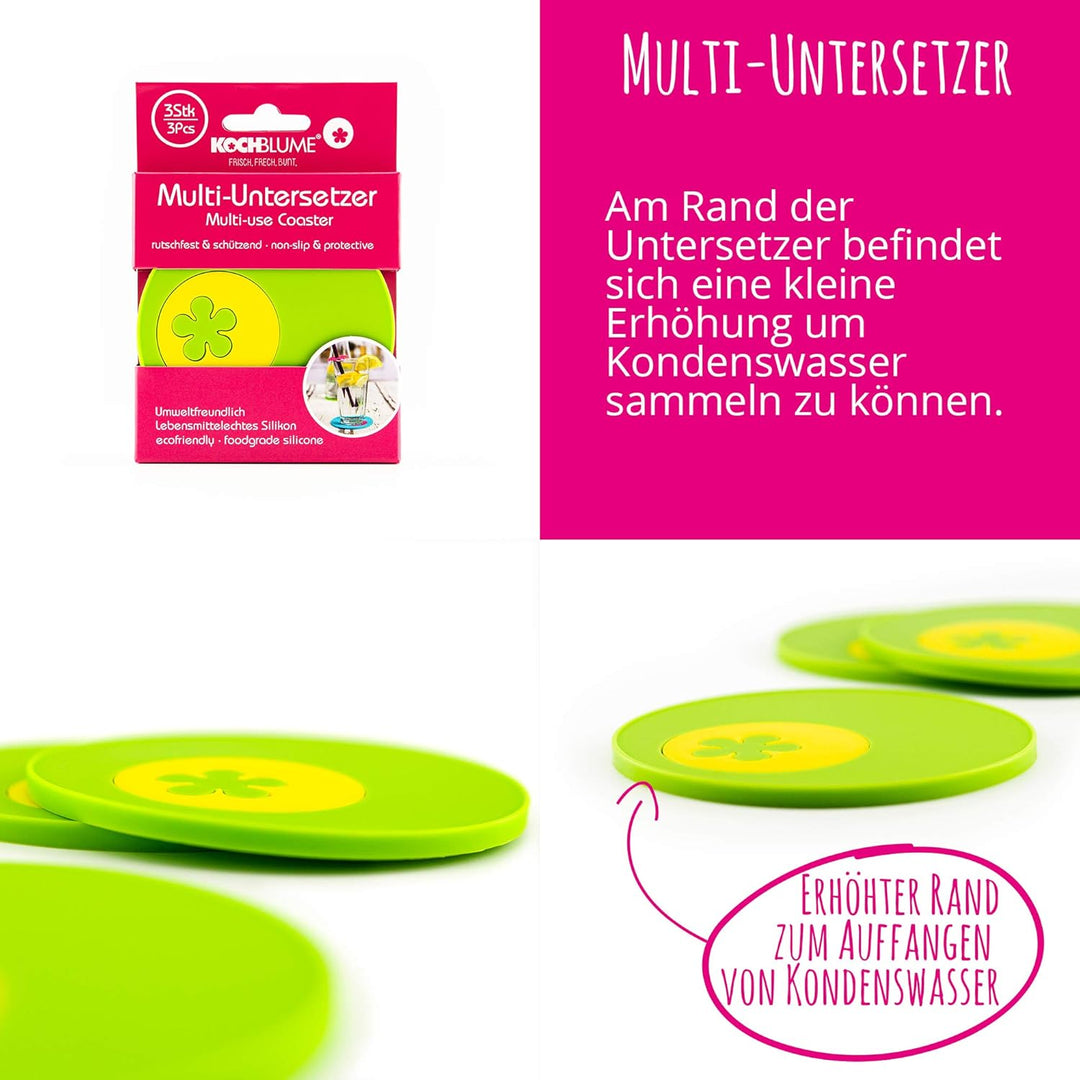Kochblume Multiuntersetzer 3-tlg. | Glasuntersetzer | Anti-Rutsch-Effekt | Mit Auffangkante | Premiu