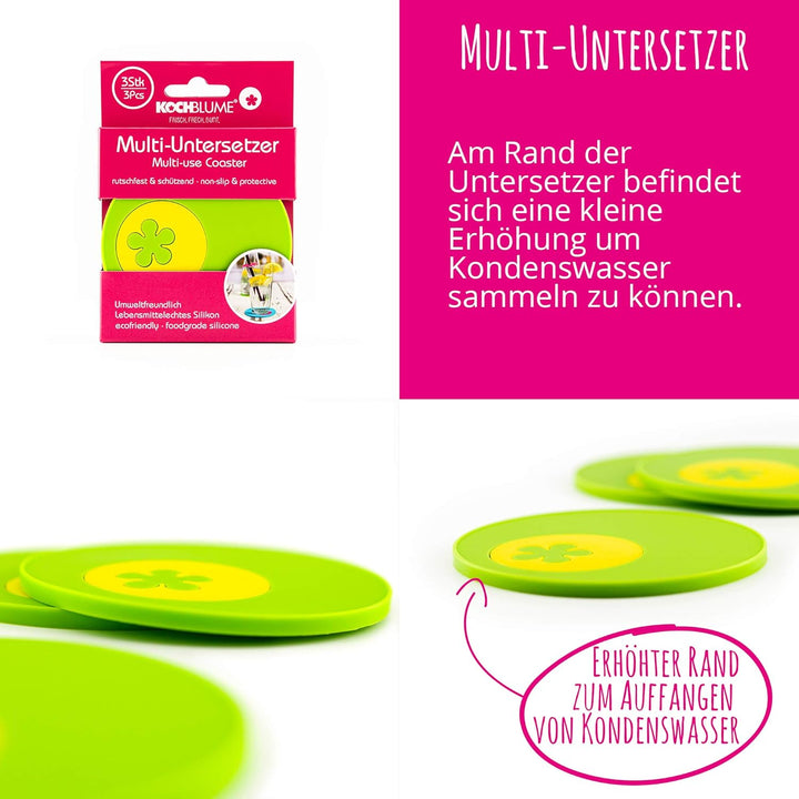 Kochblume Multiuntersetzer 3-tlg. | Glasuntersetzer | Anti-Rutsch-Effekt | Mit Auffangkante | Premiu