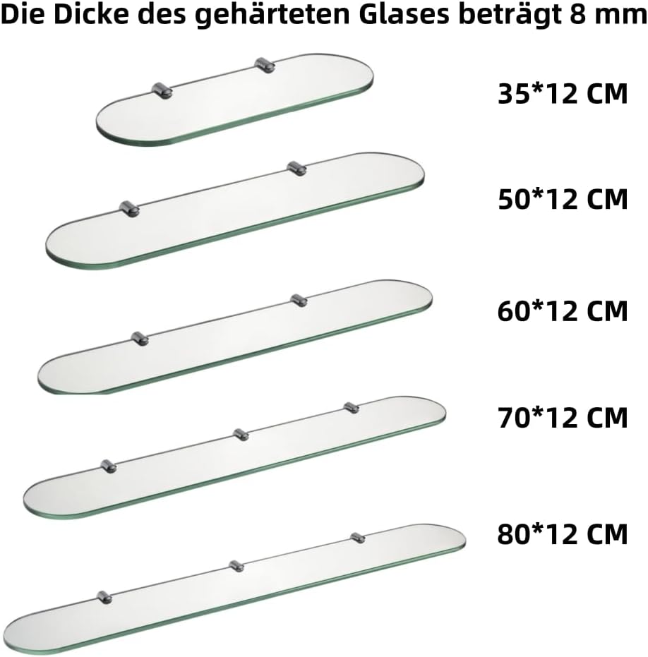 HomeHeng Glasregal Glasablage Wandregal Glas 8mm Hartglas,Klarglas + Chrom Glasklemme,Glas Regal für