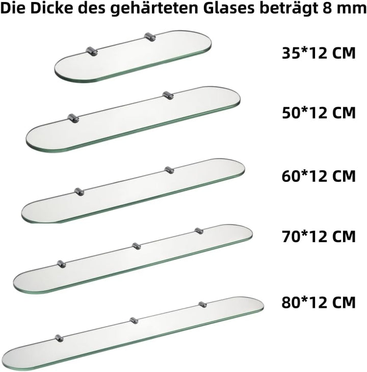Glasregal Glasablage Wandregal Glas 8mm Hartglas,Klarglas + Chrom Glasklemme,Glas Regal für Badezimm