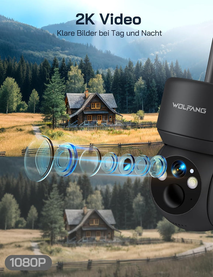 WOLFANG Wildkamera 4G LTE Mobilfunkkamera Solarbetrieben mit 2,5K View Live Video, Pan 355° Neigung