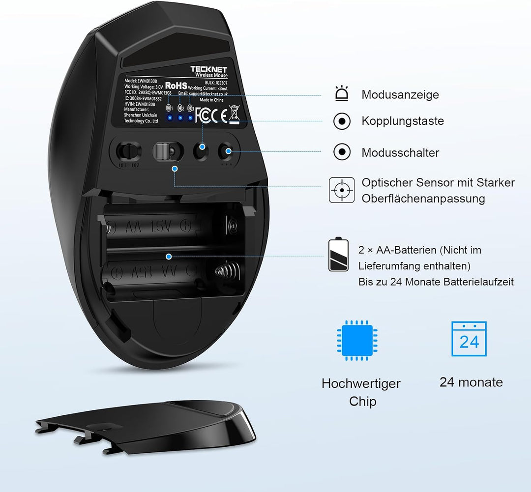 TECKNET Maus Kabellos, Bluetooth-Funkmaus, 3200 DPI Maus Kabellose Bluetooth Mouse 6 Verstellbare DP