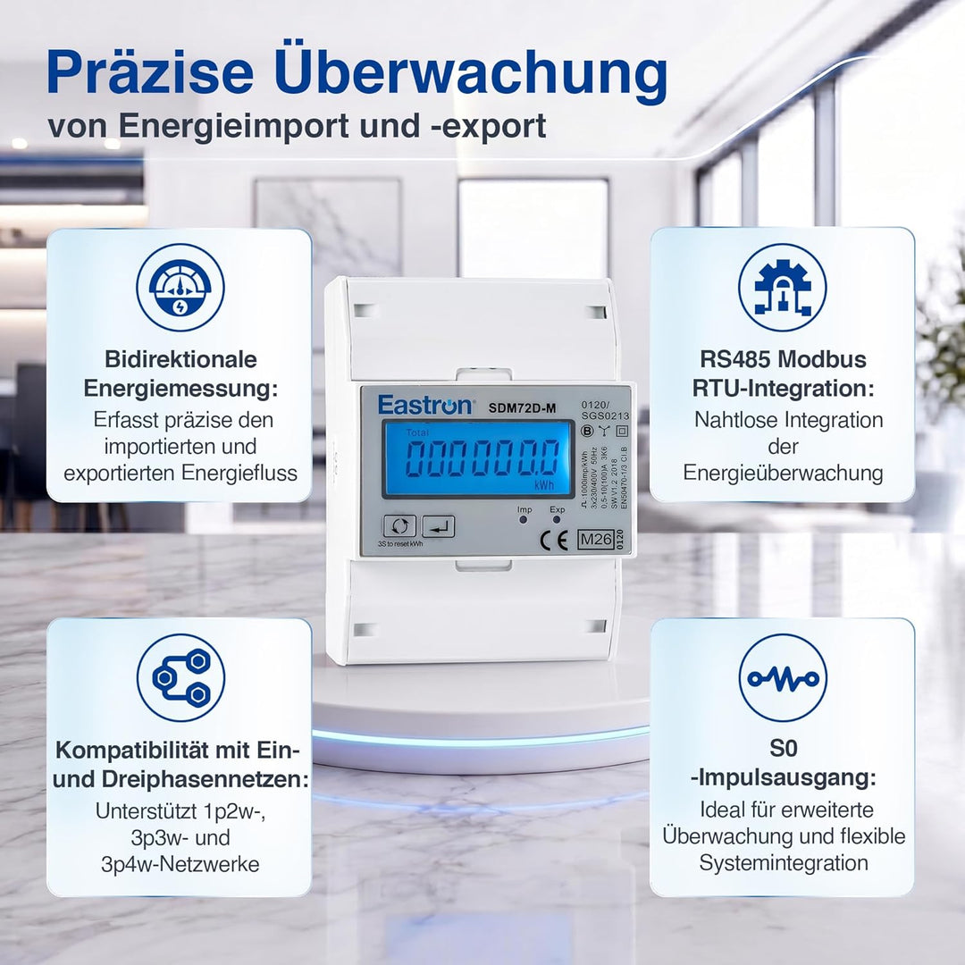 3-Phasen Zweirichtungs-Drehstromzähler [SDM72DM-V2] mit RS485 Modbus, S0-Impulsausgang und LCD-Displ