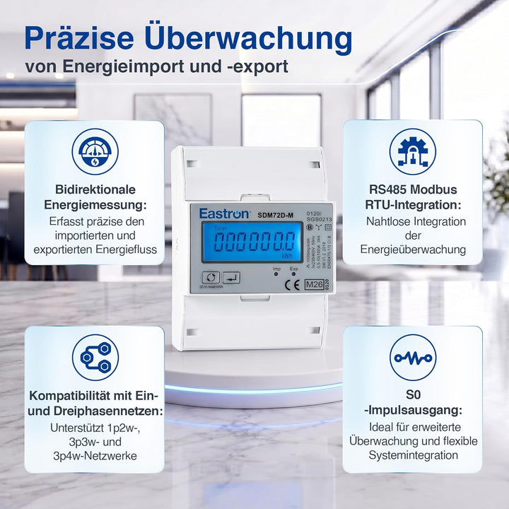 3-Phasen Zweirichtungs-Drehstromzähler [SDM72DM-V2] mit RS485 Modbus, S0-Impulsausgang und LCD-Displ