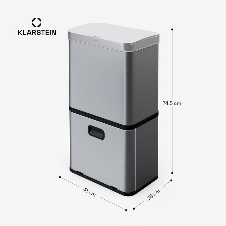 Klarstein 56 L Edelstahl-Sensormülleimer mit 3 Fächern (36+2x10 L), Bedienfeld mit LED-Anzeige, Soft