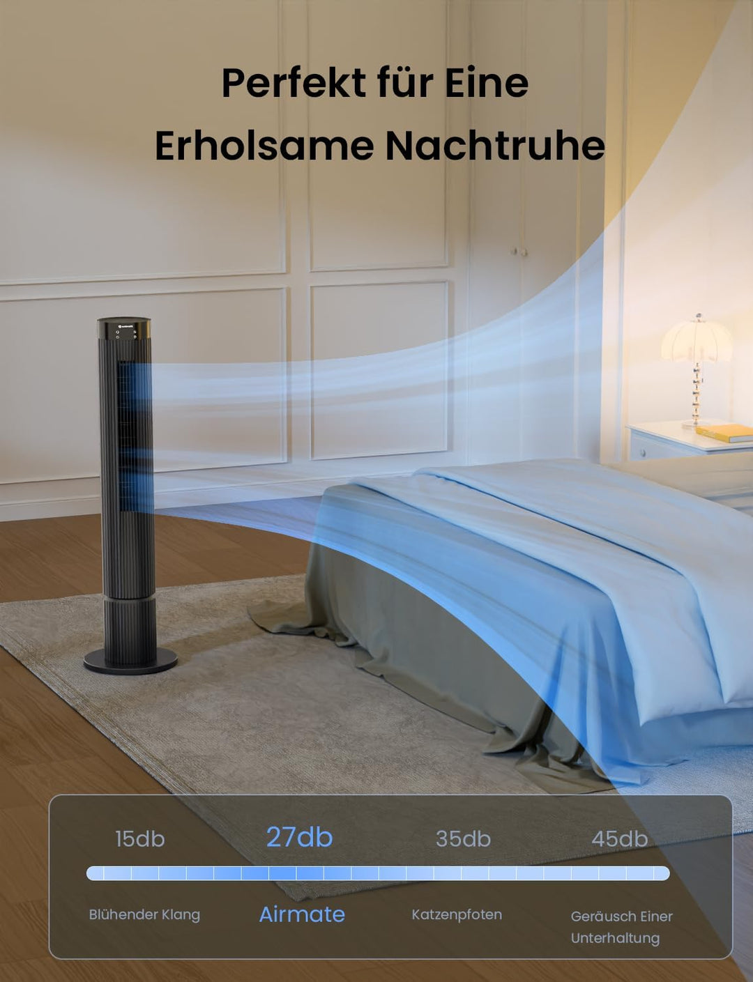 AIRMATE Turmventilator, 12 Geschwindigstufen Ventilator mit Fernbedienung 10m/s Geschwindigkeit, 110