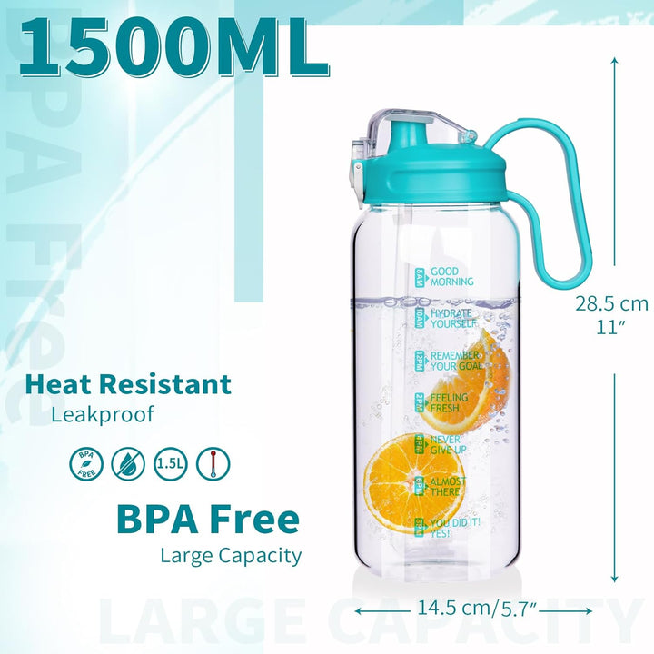 DEARRAY 1.5l Trinkflasche Glas mit Strohhalm & Zeitmarkierung 1.5 liter Grosse Motivation Glasflasch