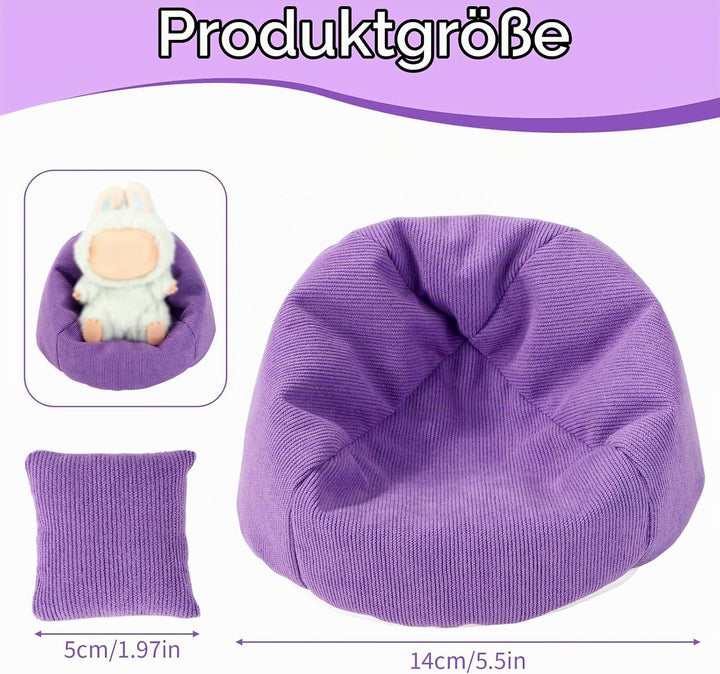 Mini Sitzsackstuhl für Puppensitz, Lila Weiches Mini Sofa mit Kissen Puppenanzeige Couch Miniaturmöb