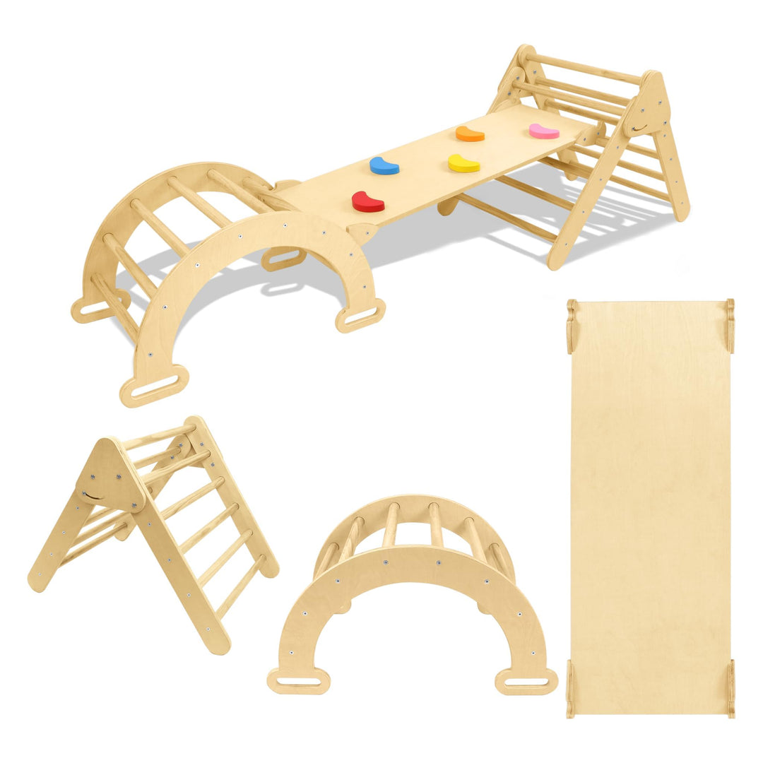 Froadp Klettergerüst Indoor 3-in-1 mit Rutsche und Kletterbogen Kletterdreieck aus Naturholz Klappba