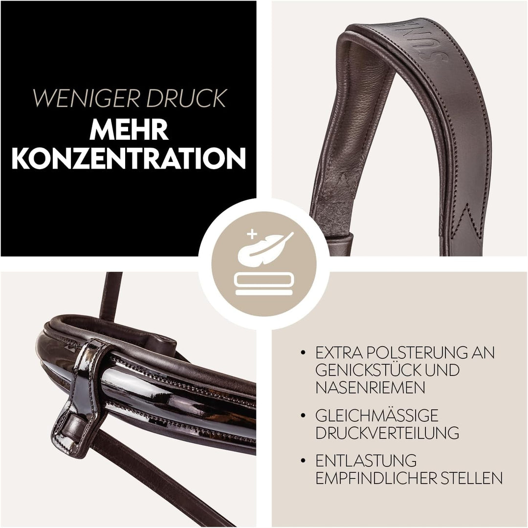 SUNRIDE schwedische Trense Aspen mit Zügel, aus weichem Echtleder mit Lack, verstellbar und anatomis