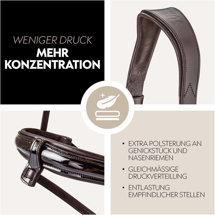 SUNRIDE schwedische Trense Aspen mit Zügel, aus weichem Echtleder mit Lack, verstellbar und anatomis