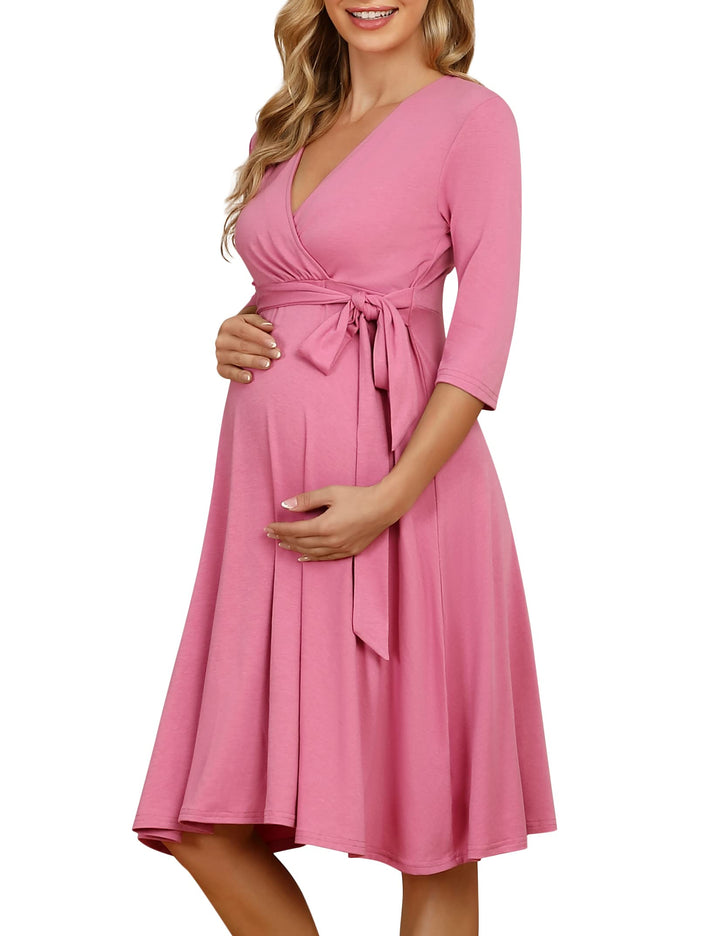 KOJOOIN Damen Umstandskleid Schwangerschafts Kleid für Schwangere Stillkleid V-Ausschnitt Langarm mi