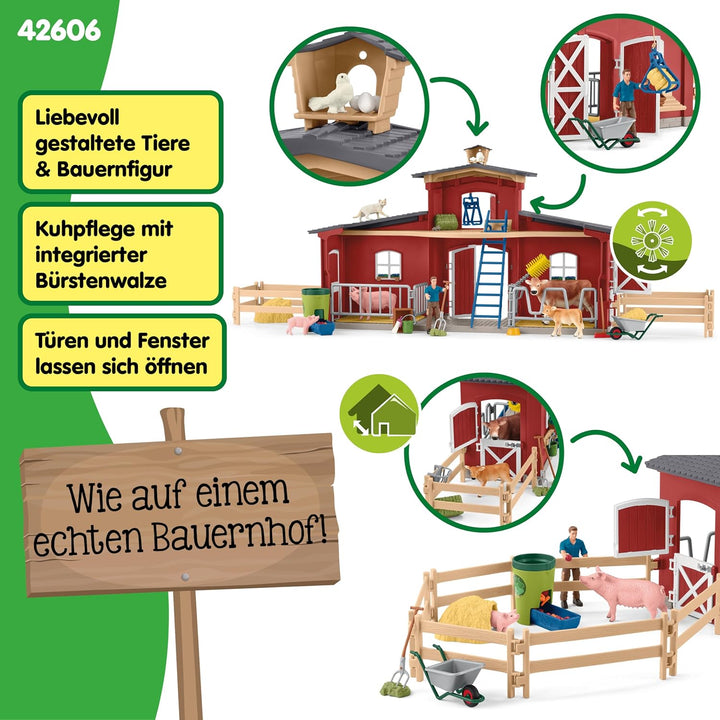 schleich FARM WORLD | Grosse rote Farm mit Bauernhaus 42606 | Set inkl. Haus, Bauer, Kuh, Schwein, K