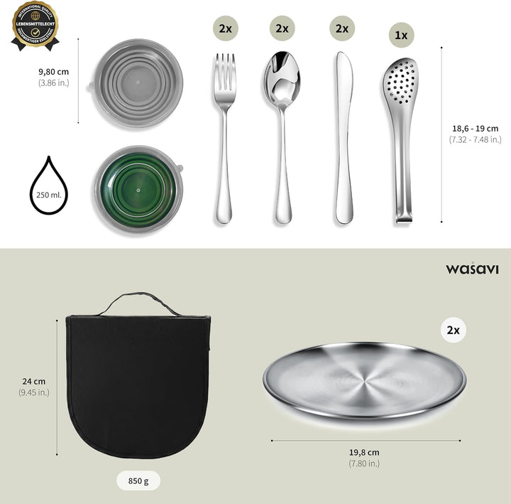 Camping Geschirr Set mit Bechern – Besteckset mit Edelstahl Gabeln, Messer, Löffel, Teller und Silik