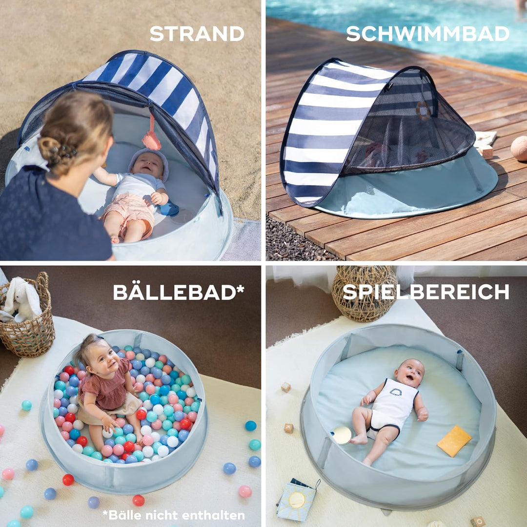 Babymoov Strandmuschel 3-in-1 Aquani Matrose - Strandzelt mit UV-Schutz LSF 50, Planschbecken und Re