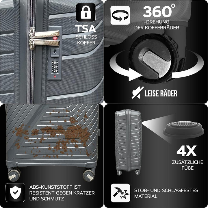 DS-Lux Hartschalen Reisekoffer Grau Grösse M 55x40x25 cm und wiegt 3,2 kg | Hartschalenkoffer Mittel