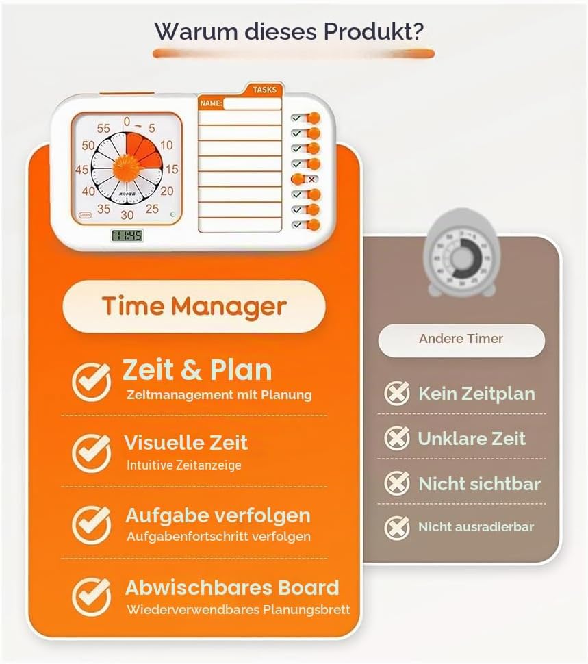 Visueller ADHS-Timer für Kinder und Erwachsene mit Planungstafel, Aufgabentimer, Aufgabentabelle und