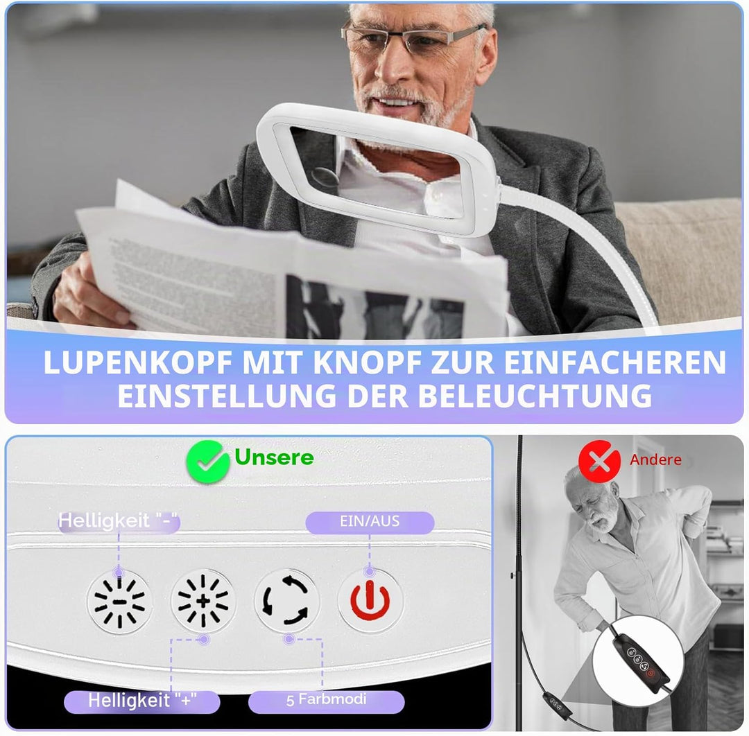 NZQXJXZ 10X Lupe mit Licht und Ständer, Flexible Schwenkarm Lupenleuchte mit 60 LED, 5 Farbmodus Dim