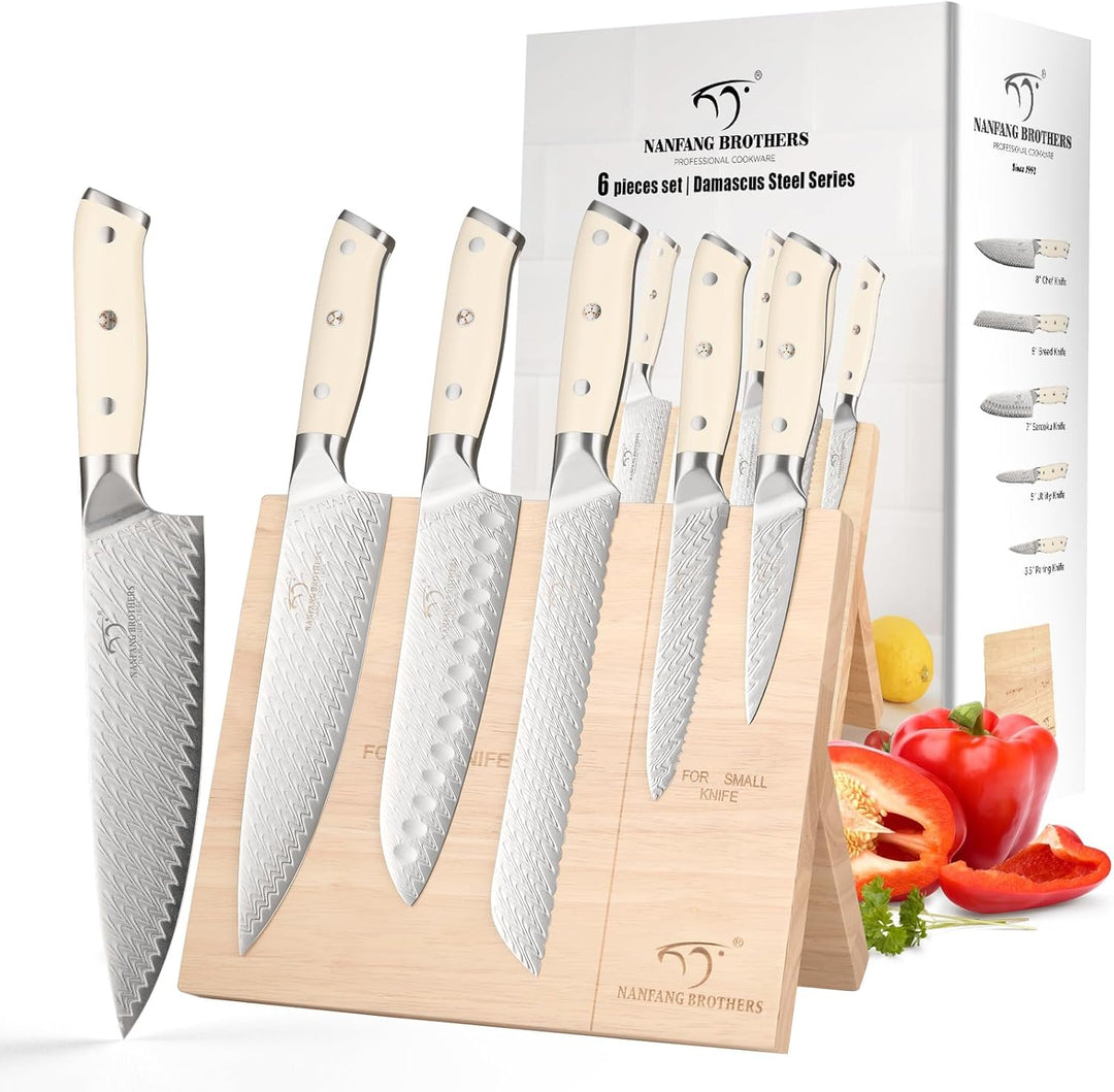 NANFANG BROTHERS Küchenmesser Set, 6 Stück Damaszener Stahl VG10 Küchenmesser Set mit Holz Magnetisc