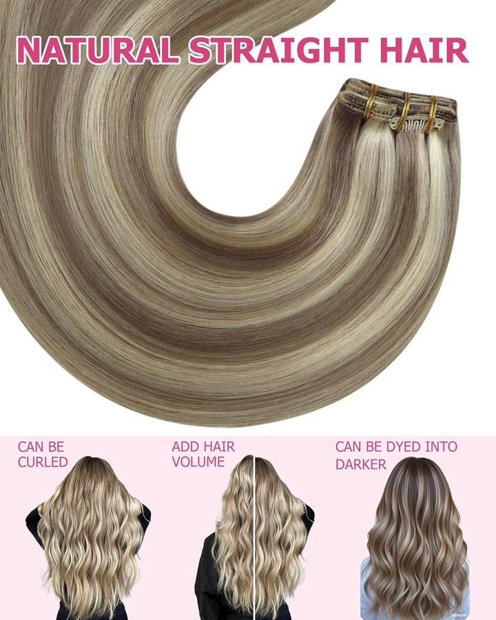 YoungSee Clip in Extensions Echthaar Hellbraun Clip in Extensions Braun Blond Echthaar Extensions Cl