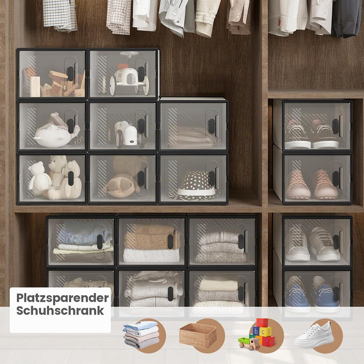 WOLTU Schuhbox stapelbar, 18er Set, Schuhkarton mit magnetischer Tür, Kunststoffbox für Schuhaufbewa
