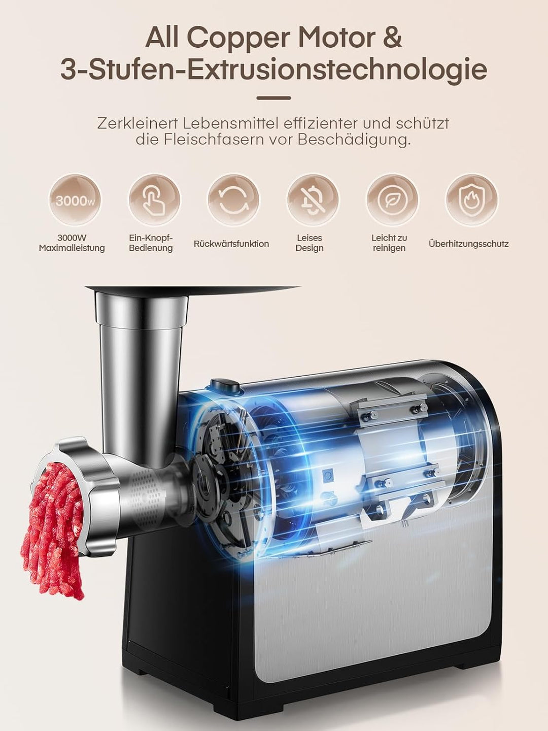 Fleischwolf Elektrisch, 3 in 1 Elektrischer Fleischwolf mit Wurstfüller, 3 Edelstahl-Schleifplatten,