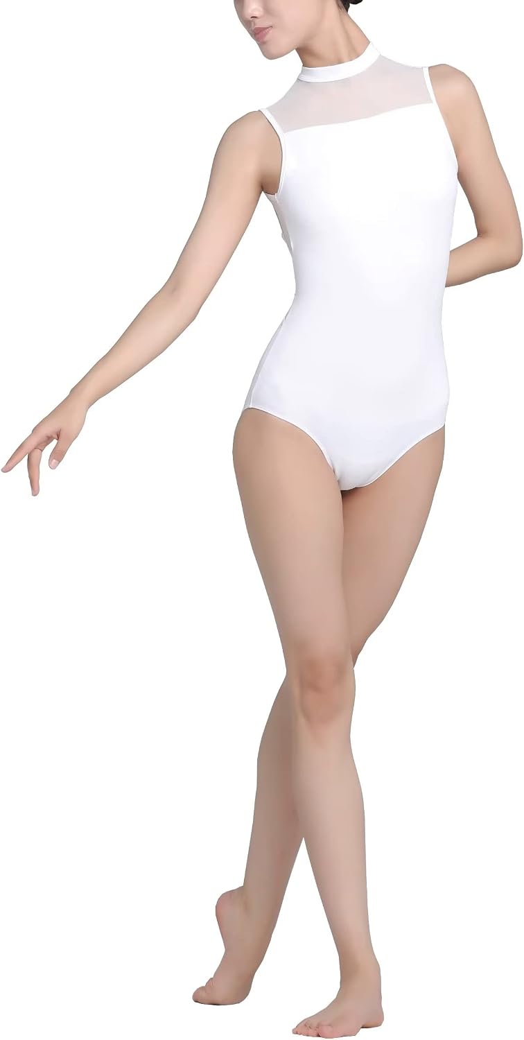 s.lemon Nackennetz Rückenfrei Gymnastik Trikots Ballett Tanz Trikots für Damen,mit BH Pad L Weiss, L