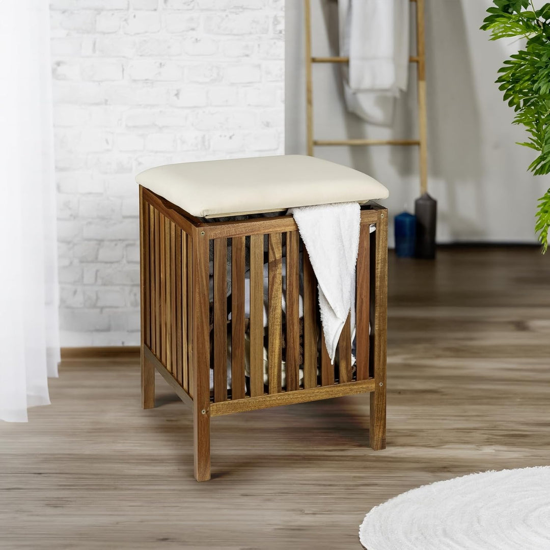 WENKO Bad- & Wohnhocker Mod. Fondi aus massivem Akazienholz mit abnehmbarem Deckel und beigem Sitzpo