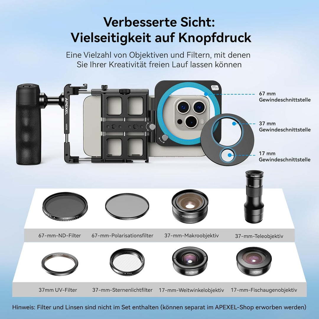 APEXEL iPhone Rig Kit, Smartphone Video Rig mit magnetischem Bluetooth, 2500 mAh-Griff-Ladehülle, 67