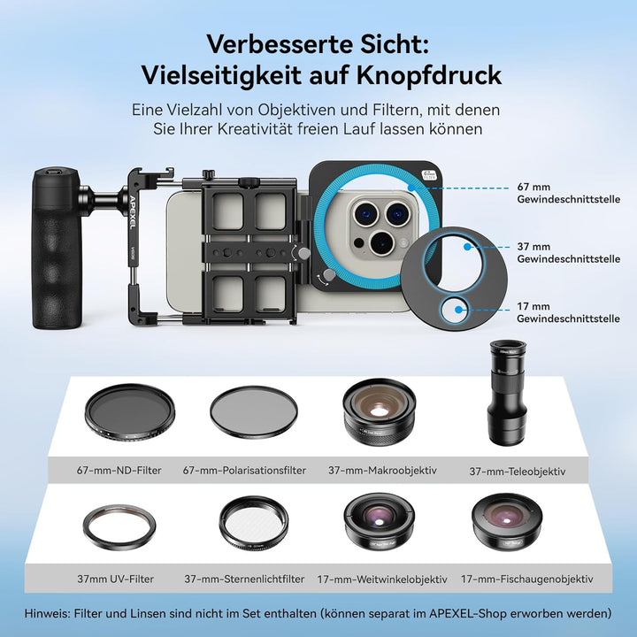APEXEL iPhone Rig Kit, Smartphone Video Rig mit magnetischem Bluetooth, 2500 mAh-Griff-Ladehülle, 67