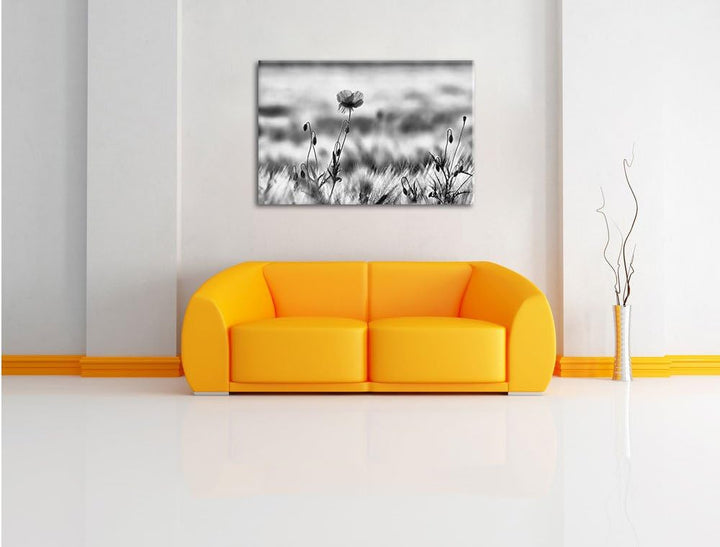 Pixxprint Monocrome, rote Blumen im Feld Tulpen Gemälde, Format: 100x70 auf Leinwand, XXL riesige Bi