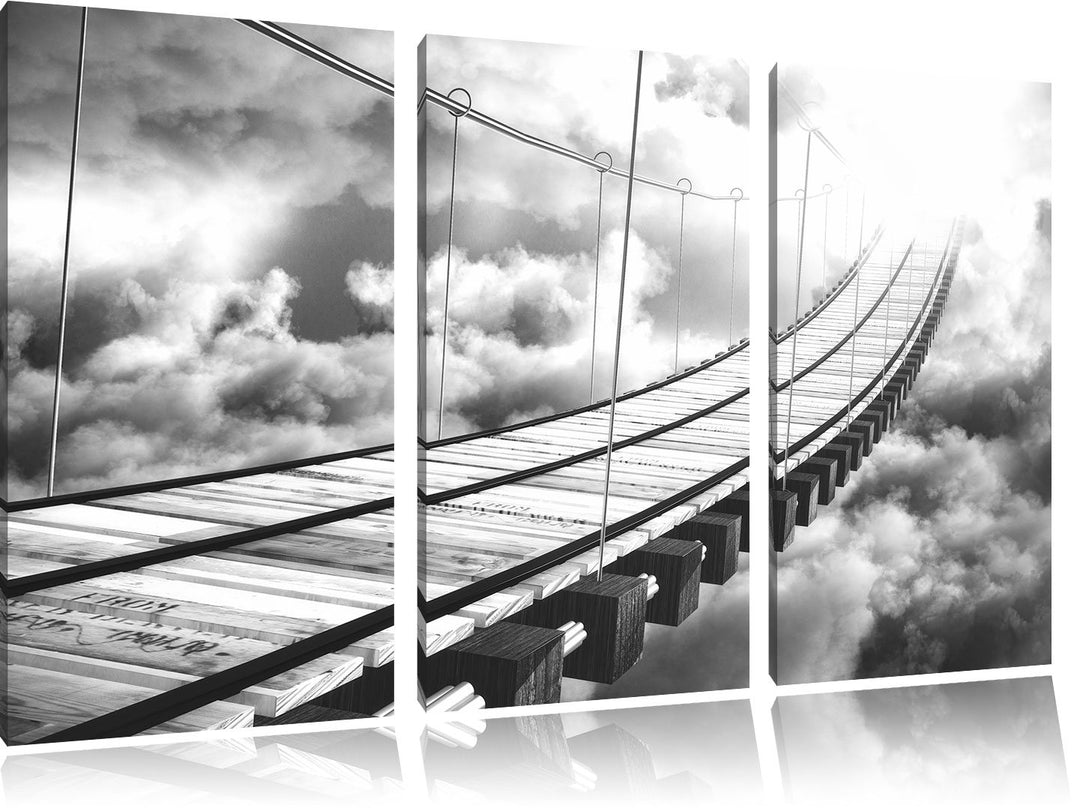 Pixxprint Hölzerne Brücke in den Wolken / 3-Teilig/Gesamtmass 120cm Leinwandbild bespannt auf Holzra