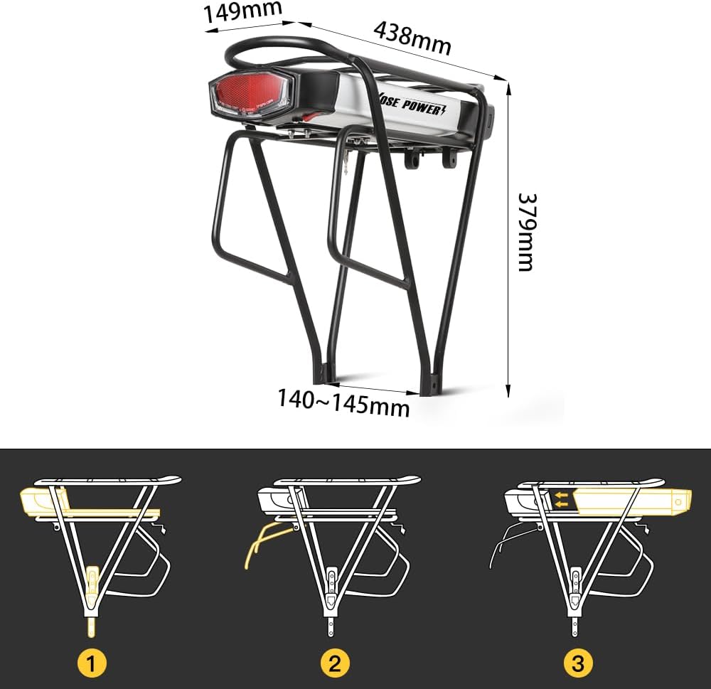 SEASON Gepäckträger Ebike Akku - 36V 13Ah 14.5Ah 15.6Ah 17.4Ah / 48V - 10.4Ah Lithinum-Ionen Batteri
