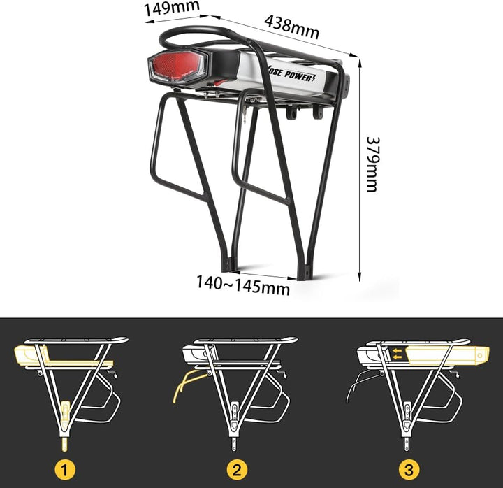SEASON Gepäckträger Ebike Akku - 36V 13Ah 14.5Ah 15.6Ah 17.4Ah / 48V - 10.4Ah Lithinum-Ionen Batteri