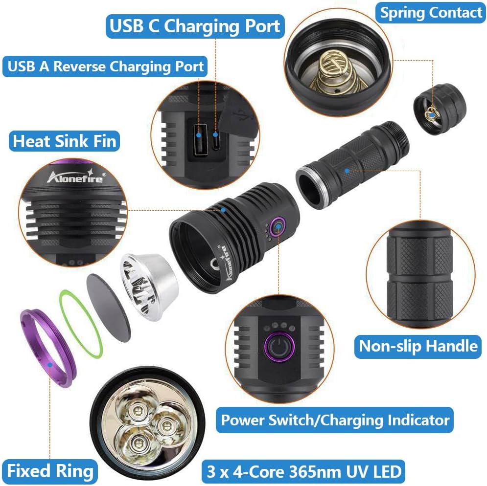 Alonefire SV43 36W 365nm UV Taschenlampe USB Aufladbar Ultraviolett Schwarzlicht Haustierurin Detekt